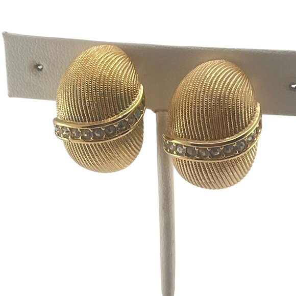 Vintage SAL Swarovski Gold Tone Clip-On Earrings With Rhinestone Accents - Picture 1 of 7